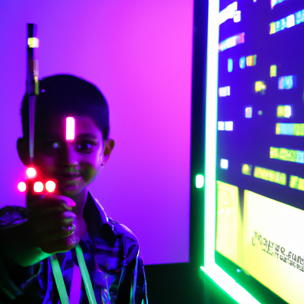 Child proudly showcasing a robotics project with colorful LEDs at demo day