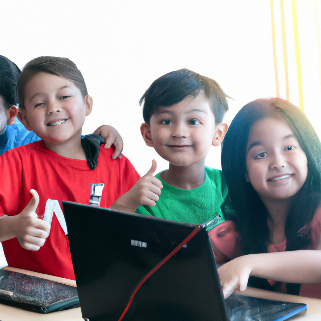 Kids coding together in a bright, colorful classroom, smiling and using laptops