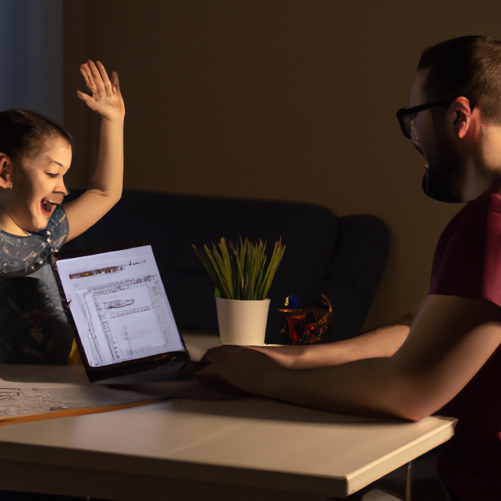 A kid proudly showing a coding project to a parent at home