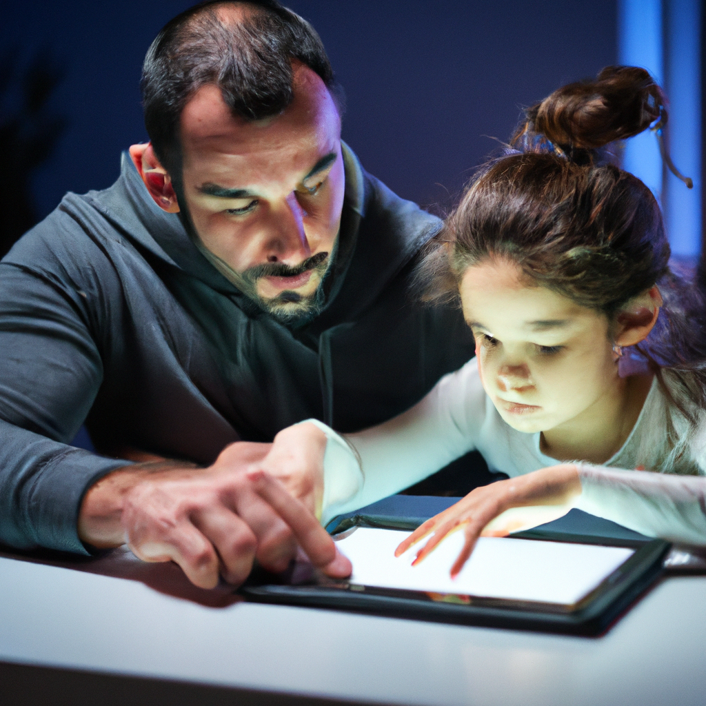 Parent guiding a child in a safe online learning session on a tablet